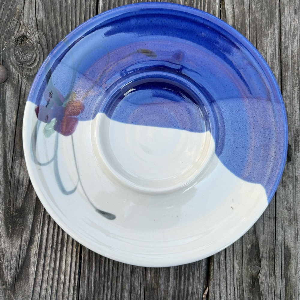 Louisiana Follette Pottery bread and oil plate purple flower pattern- signed